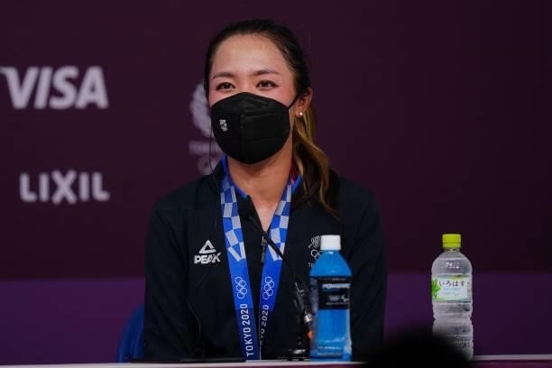 Bronze medallist New Zealand's Lydia Ko speaks during a press conference after the victory ceremony of the womens golf individual stroke play during...