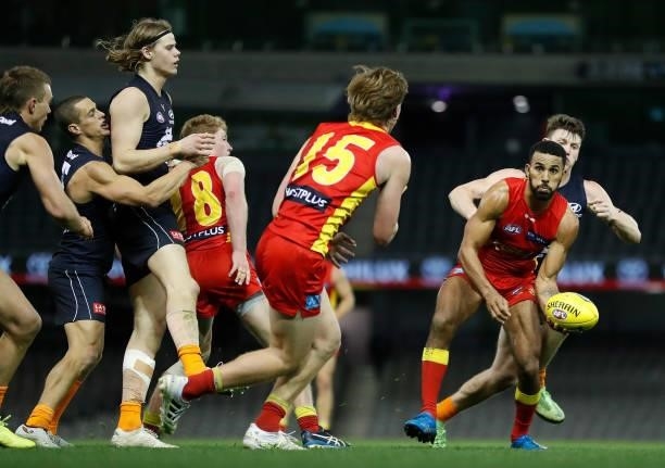 Touk Miller of the Suns in action during the 2021 AFL Round 21 match between the Carlton Blues and the Gold Coast Suns at Marvel Stadium on August 7,...