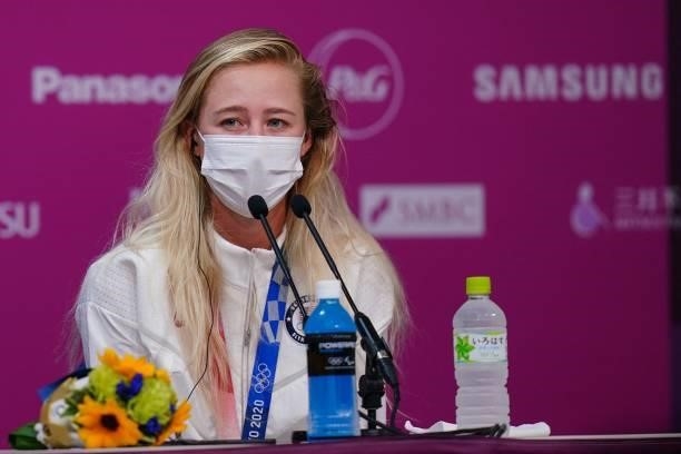 Gold medallist USA's Nelly Korda speaks during a press conference after the victory ceremony of the womens golf individual stroke play during the...