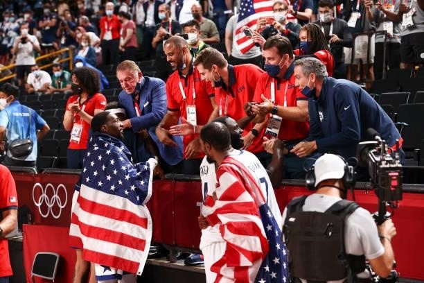 Bam Adebayo of the USA Men's National Team, Draymond Green of the USA Men's National Team and Kevin Durant of the USA Men's National Team celebrate...