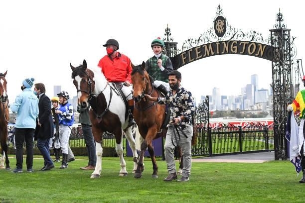 Aguilar ridden by Jye McNeil returns to the mounting yard after winning the VRC Member Michael Kiely Trophy at Flemington Racecourse on August 07,...