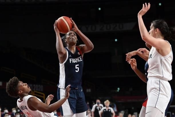 France's Endene Miyem takes a shot past Serbia's Yvonne Anderson in the women's bronze medal basketball match between Serbia and France during the...