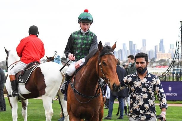 Aguilar ridden by Jye McNeil returns to the mounting yard after winning the VRC Member Michael Kiely Trophy at Flemington Racecourse on August 07,...