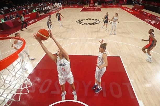Serbia's Sonja Vasic goes to the basket in the women's bronze medal basketball match between Serbia and France during the Tokyo 2020 Olympic Games at...