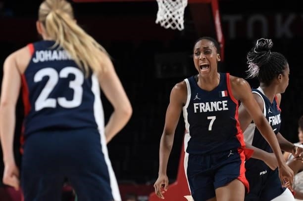France's Sandrine Gruda reacts during the women's bronze medal basketball match between Serbia and France during the Tokyo 2020 Olympic Games at the...