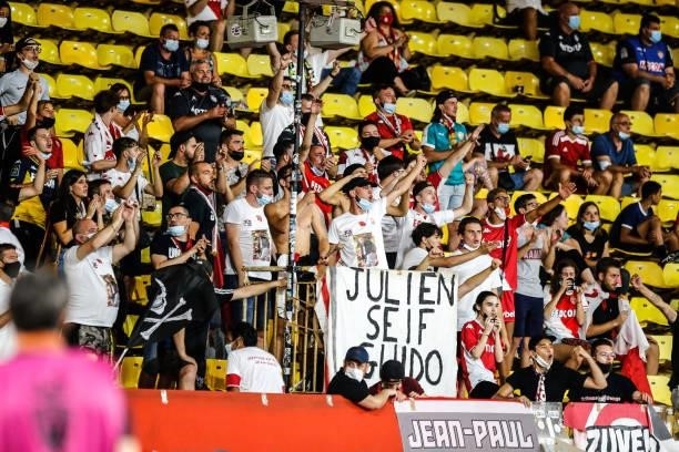 Fans Monaco during the Ligue 1 football match between Monaco and Nantes at Stade Louis II on August 6, 2021 in Monaco, Monaco.