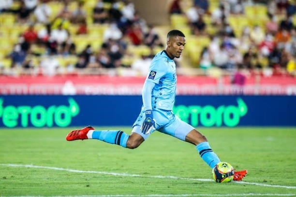 Alban LAFONT of Nantes during the Ligue 1 football match between Monaco and Nantes at Stade Louis II on August 6, 2021 in Monaco, Monaco.