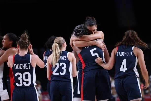French players celebrate their win in the women's bronze medal basketball match between Serbia and France during the Tokyo 2020 Olympic Games at the...