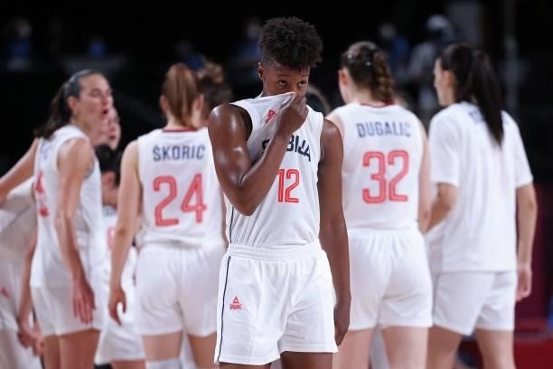 Serbia's Yvonne Anderson reacts after losing the women's bronze medal basketball match between Serbia and France during the Tokyo 2020 Olympic Games...
