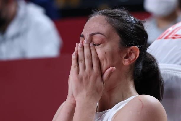 Serbia's Jelena Brooks reacts after losing the women's bronze medal basketball match between Serbia and France during the Tokyo 2020 Olympic Games at...
