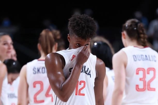Serbia's Yvonne Anderson reacts after losing the women's bronze medal basketball match between Serbia and France during the Tokyo 2020 Olympic Games...