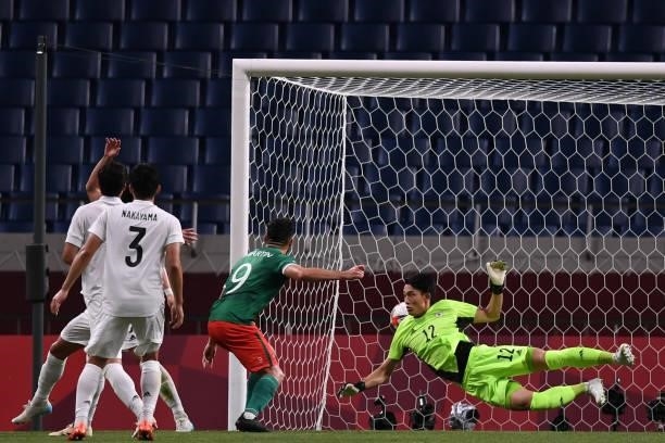 Alexis Vega of Mexico scores 3rd goal during the 3rd place match of the Men's Football between Mexico and Japan on Day 14 of the Tokyo 2020 Olympic...