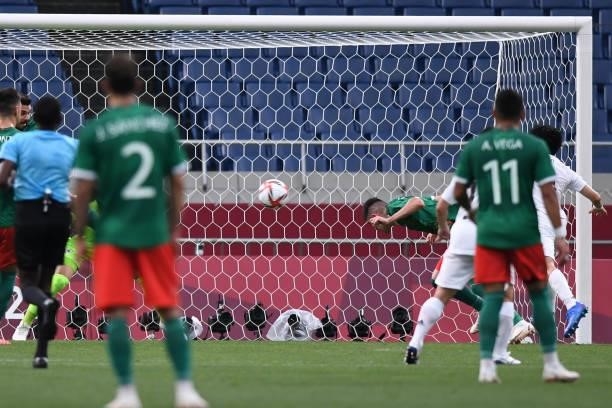 Johan Vasquez of Mexico scores 2nd goal during the 3rd place match of the Men's Football between Mexico and Japan on Day 14 of the Tokyo 2020 Olympic...