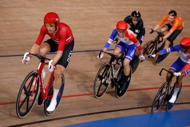 Denmark's Michael Morkov competes in the men's track cycling madison final during the Tokyo 2020 Olympic Games at Izu Velodrome in Izu, Japan, on...