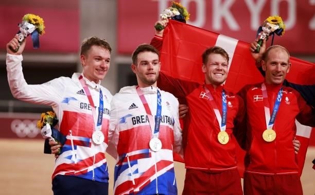 Gold medallists Denmark's Lasse Norman Hansen and Denmark's Michael Morkov , silver medallists Britain's Ethan Hayter and Britain's Matthew Walls...