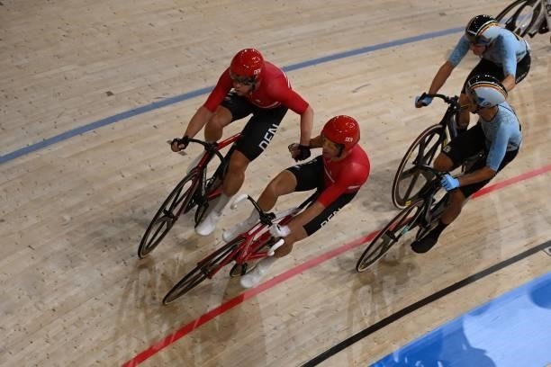 Denmark's Michael Morkov and Denmark's Lasse Norman Hansen in action in the men's track cycling madison final during the Tokyo 2020 Olympic Games at...