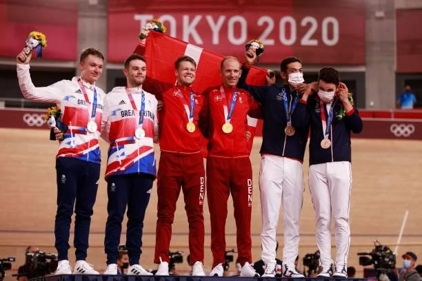 Gold medallists Denmark's Lasse Norman Hansen and Denmark's Michael Morkov , silver medallists Britain's Ethan Hayter and Britain's Matthew Walls and...