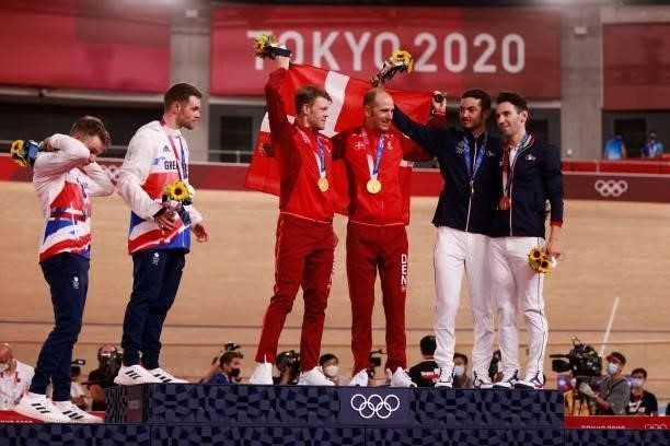 Gold medallists Denmark's Lasse Norman Hansen and Denmark's Michael Morkov , silver medallists Britain's Ethan Hayter and Britain's Matthew Walls and...
