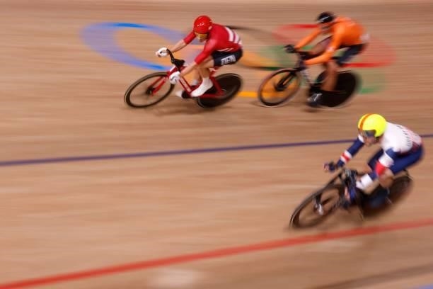 Denmark's Michael Morkov competes in the men's track cycling madison final during the Tokyo 2020 Olympic Games at Izu Velodrome in Izu, Japan, on...
