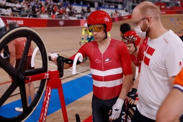 Denmark's Michael Morkov before the start in the men's track cycling madison final during the Tokyo 2020 Olympic Games at Izu Velodrome in Izu,...