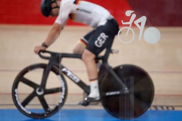 German rider warm up prior a heat of the women's track cycling sprint 1/8 finals during the Tokyo 2020 Olympic Games at Izu Velodrome in Izu, Japan,...