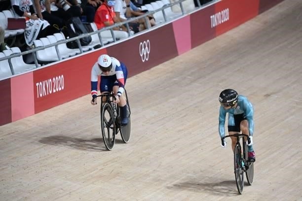 Britain's Katy Marchant and Hong Kong's Lee Wai Sze compete in the women's track cycling sprint quarter-finals during the Tokyo 2020 Olympic Games at...