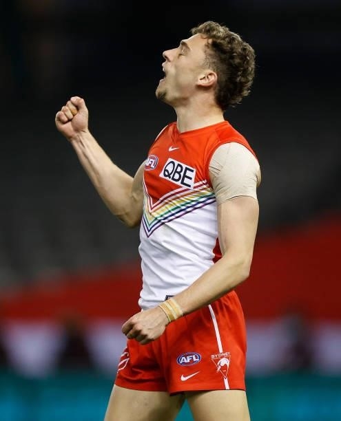 Will Hayward of the Swans celebrates a goal during the 2021 AFL Round 21 match between the St Kilda Saints and the Sydney Swans at Marvel Stadium on...