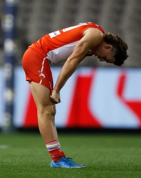 Errol Gulden of the Swans looks dejected after a loss during the 2021 AFL Round 21 match between the St Kilda Saints and the Sydney Swans at Marvel...