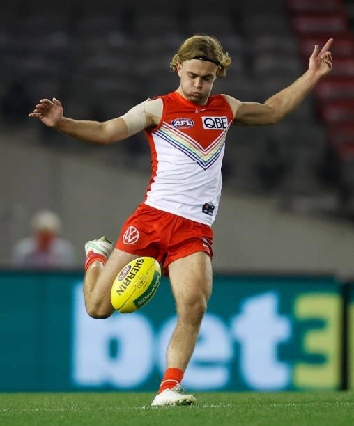 James Rowbottom of the Swans kicks the ball during the 2021 AFL Round 21 match between the St Kilda Saints and the Sydney Swans at Marvel Stadium on...