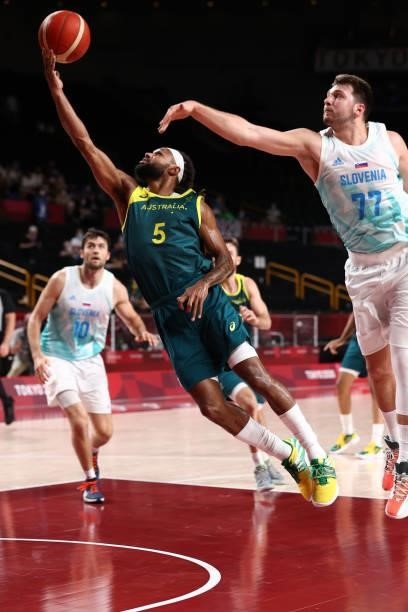 Patty Mills of the Australia Men's National Team drives to the basket during the game against the Slovenia Men's National Team during the Bronze...