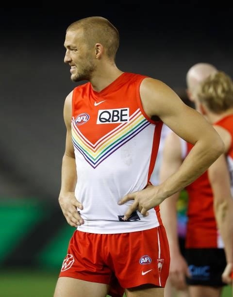 Sam Reid of the Swans looks dejected after a loss during the 2021 AFL Round 21 match between the St Kilda Saints and the Sydney Swans at Marvel...