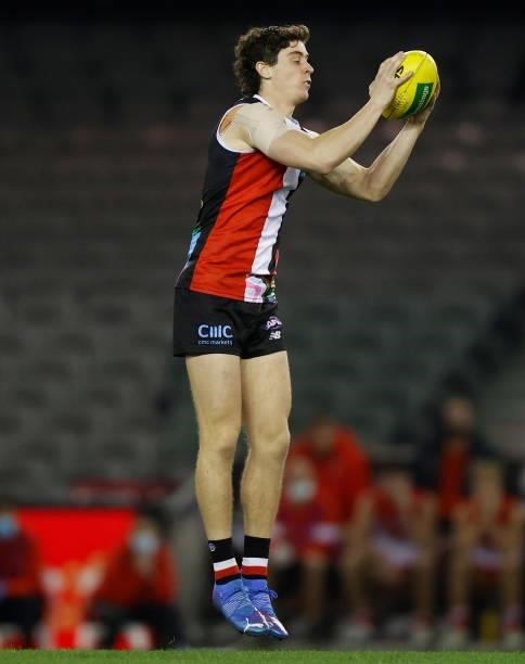 Nick Coffield of the Saints marks the ball during the 2021 AFL Round 21 match between the St Kilda Saints and the Sydney Swans at Marvel Stadium on...