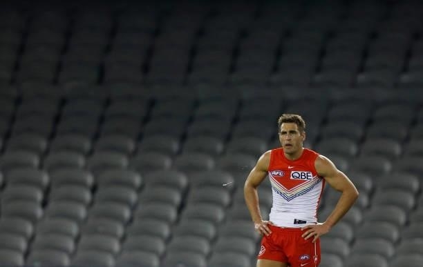 Josh P. Kennedy of the Swans looks dejected after a loss during the 2021 AFL Round 21 match between the St Kilda Saints and the Sydney Swans at...