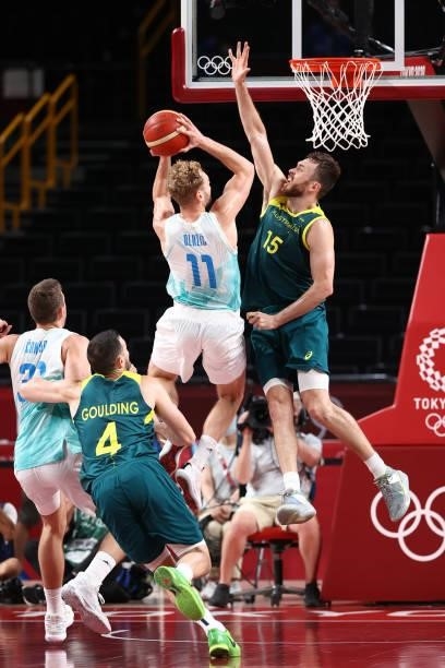 Nic Kay of the Australia Men's National Team plays defense on Jaka Blazic of the Slovenia Men's National Team during the Bronze Medal Game of the...