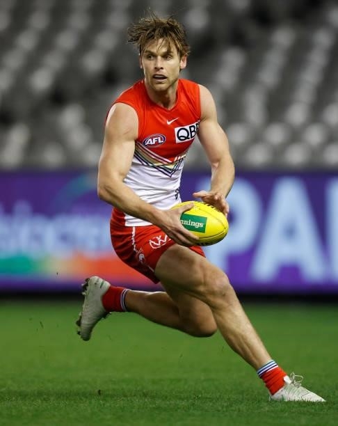 Dane Rampe of the Swans in action during the 2021 AFL Round 21 match between the St Kilda Saints and the Sydney Swans at Marvel Stadium on August 7,...