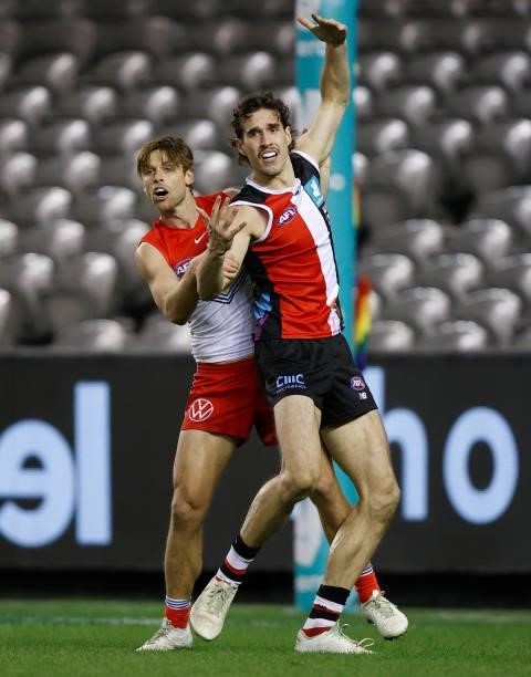 Dane Rampe of the Swans and Max King of the Saints compete during the 2021 AFL Round 21 match between the St Kilda Saints and the Sydney Swans at...