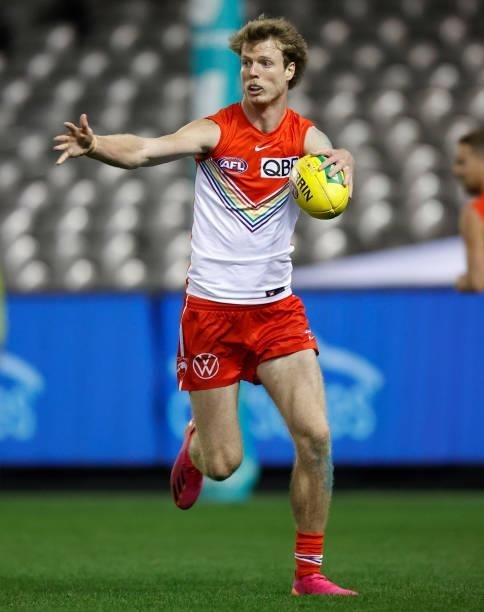Nick Blakey of the Swans in action during the 2021 AFL Round 21 match between the St Kilda Saints and the Sydney Swans at Marvel Stadium on August 7,...