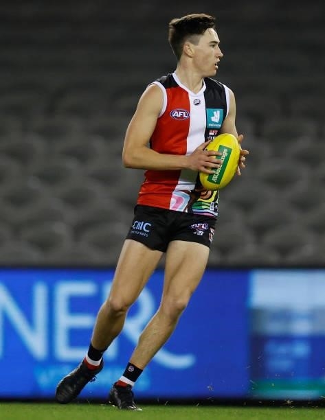 Cooper Sharman of the Saints in action during the 2021 AFL Round 21 match between the St Kilda Saints and the Sydney Swans at Marvel Stadium on...