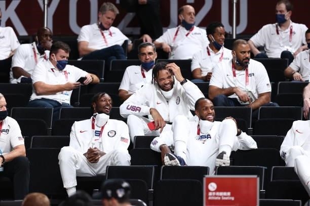 Jerami Grant, JaVale McGee and Khris Middleton of the USA Men's National Team attend the Bronze Medal Game of the 2020 Tokyo Olympics on August 7,...