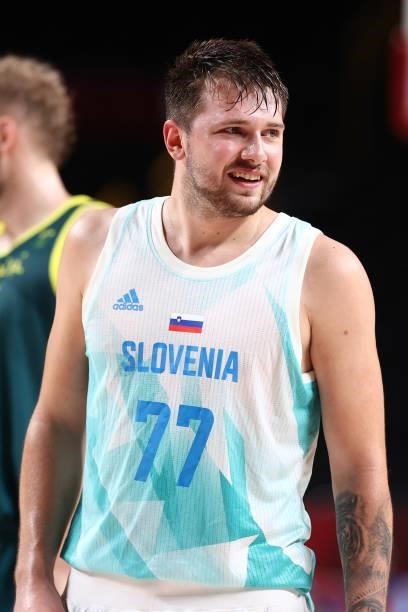 Luka Doncic of the Slovenia Men's National Team smiles during the game against the Australia Men's National Team during the Bronze Medal Game of the...