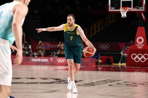 Joe Ingles of the Australia Men's National Team handles the ball against the Slovenia Men's National Team during the Bronze Medal Game of the 2020...