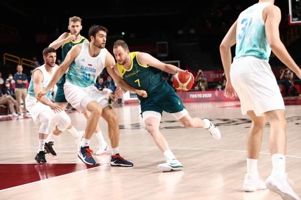 Joe Ingles of the Australia Men's National Team drives to the basket against the Slovenia Men's National Team during the Bronze Medal Game of the...
