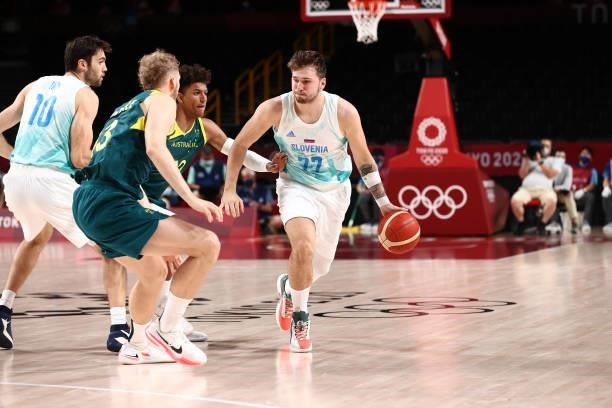 Luka Doncic of the Slovenia Men's National Team dribbles the ball against the Australia Men's National Team during the Bronze Medal Game of the 2020...