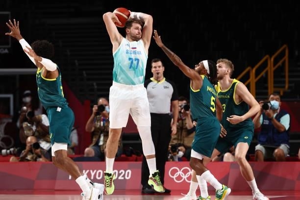 Luka Doncic of the Slovenia Men's National Team handles the ball against the Australia Men's National Team during the Bronze Medal Game of the 2020...