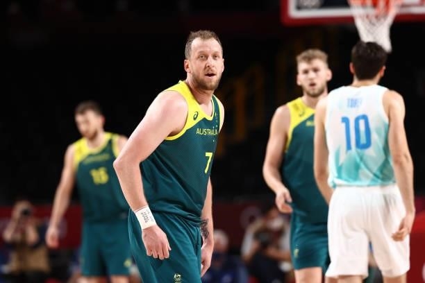 Joe Ingles of the Australia Men's National Team looks on during the game against the Slovenia Men's National Team during the Bronze Medal Game of the...