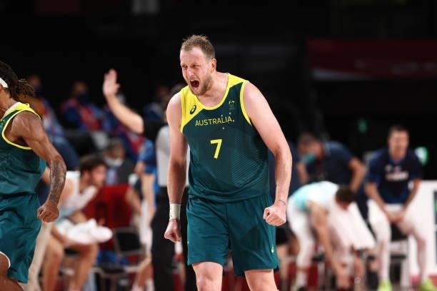 Joe Ingles of the Australia Men's National Team celebrates during the game against the Slovenia Men's National Team during the Bronze Medal Game of...