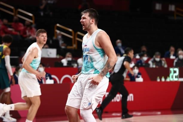 Luka Doncic of the Slovenia Men's National Team celebrates during the game against the Australia Men's National Team during the Bronze Medal Game of...