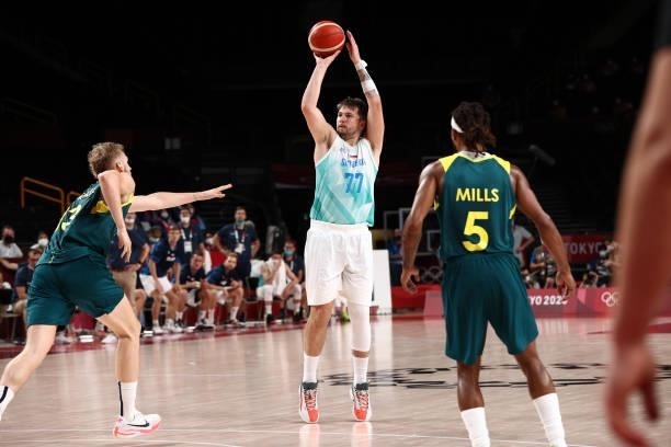 Luka Doncic of the Slovenia Men's National Team shoots the ball against the Australia Men's National Team during the Bronze Medal Game of the 2020...