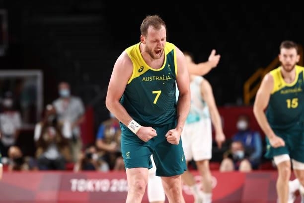 Joe Ingles of the Australia Men's National Team celebrates during the game against the Slovenia Men's National Team during the Bronze Medal Game of...