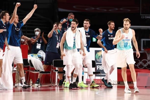 The Slovenia Men's National Team celebrate during the game against the Australia Men's National Team during the Bronze Medal Game of the 2020 Tokyo...